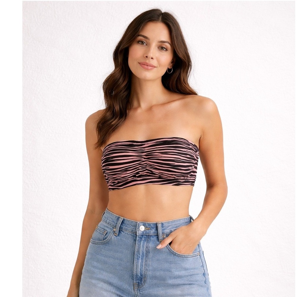 Kona Sol Womens Tiger Print Bandeau Bikini‎ Top Black Pink Medium NWT M